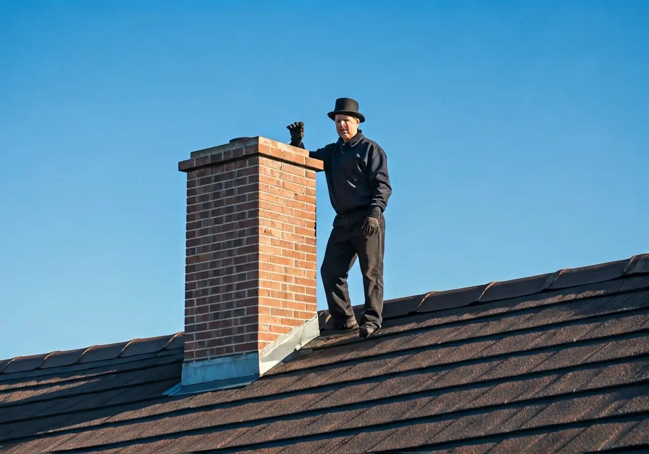 man standing by chimney on roof